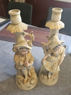 Occupied Japan Hand Painted Andrea Boy And Girl Candlesticks