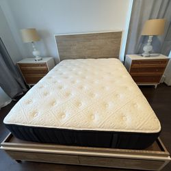 Beautiful Macy’s queen storage bed frame with built-in drawers + Stearns & Foster Estate mattress.