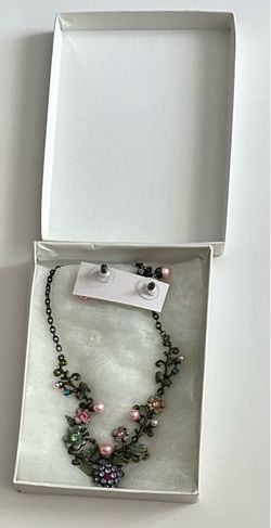 Signed "You and I" Floral Bib Statement Necklace & Earrings Set - Pink & Green