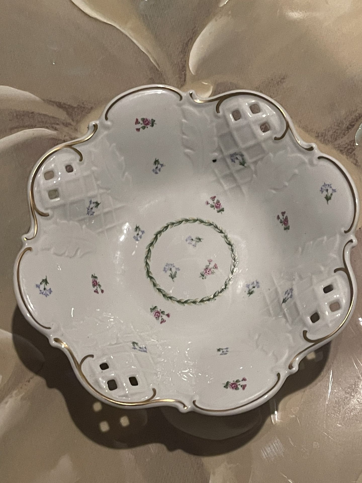 Reichenbach Germany Footed Reticulated Centerpiece Bowl Multi Colored Floral
