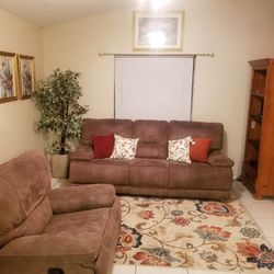 Brown Suede Couch and Reclining Love Seat