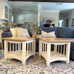 Set of Two Farmhouse/Country/Cottage Style End Tables, Solid Wood, Two Toned, White & Natural Wood