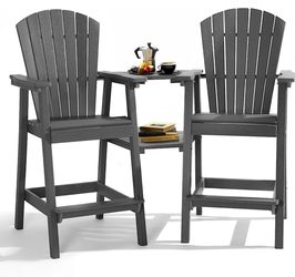 Tall Adirondack Chairs, Outdoor Adirondack Barstools, Dark Gray with Removable Double Connecting Trays, Recycled HDPE with Wood Grain, Weather Resista