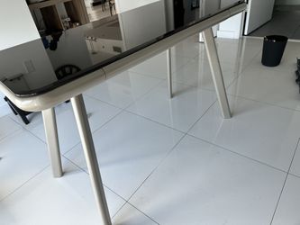 Black And Brass Accent Glass Computer Table With Drawer And Cable Organizer