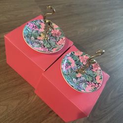 Lilly Pulitzer Painted Palm Flamingo Ring Dish Gold Jewelry Trinket Tray set