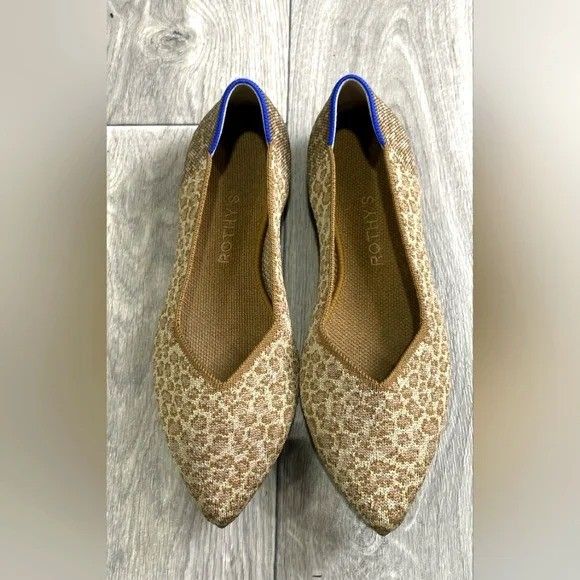 Rothy's Leopard Spotted Brown Cat Animal Print Pointed Flats with Blue Trim
