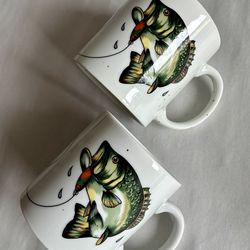 Two Vintage 12-oz Department 56 “Lake Dad” Fish Mugs