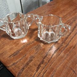 Vintage Thick Heavy Glass Wheel Cut 6 Sided Sugar Bowl