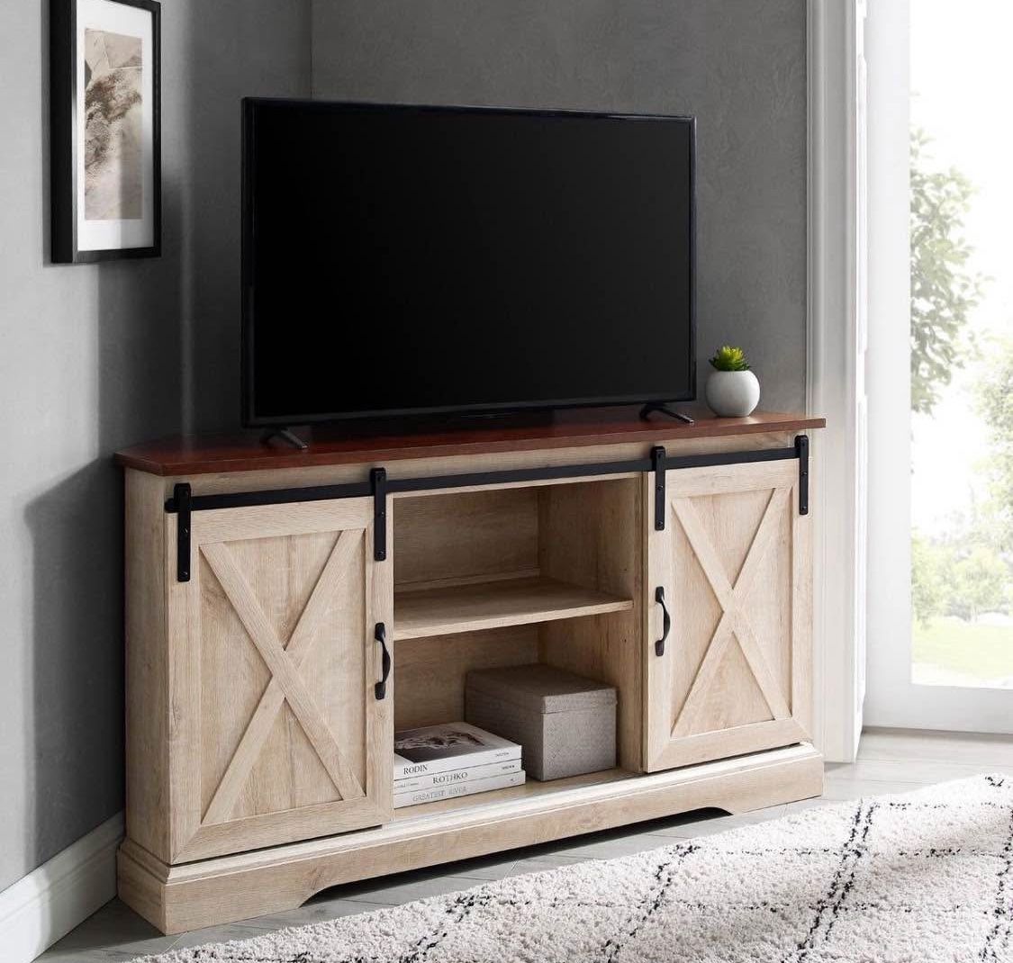 New Sliding Barn Door Farmhouse Corner TV Entertainment Stand