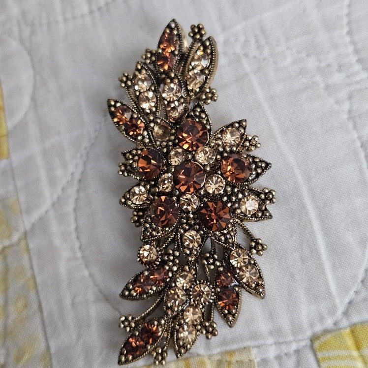 Rhinestone Floral Brooch Pendant Pin Layered Filigree Style Iridescent Brown Tones Rhinestones