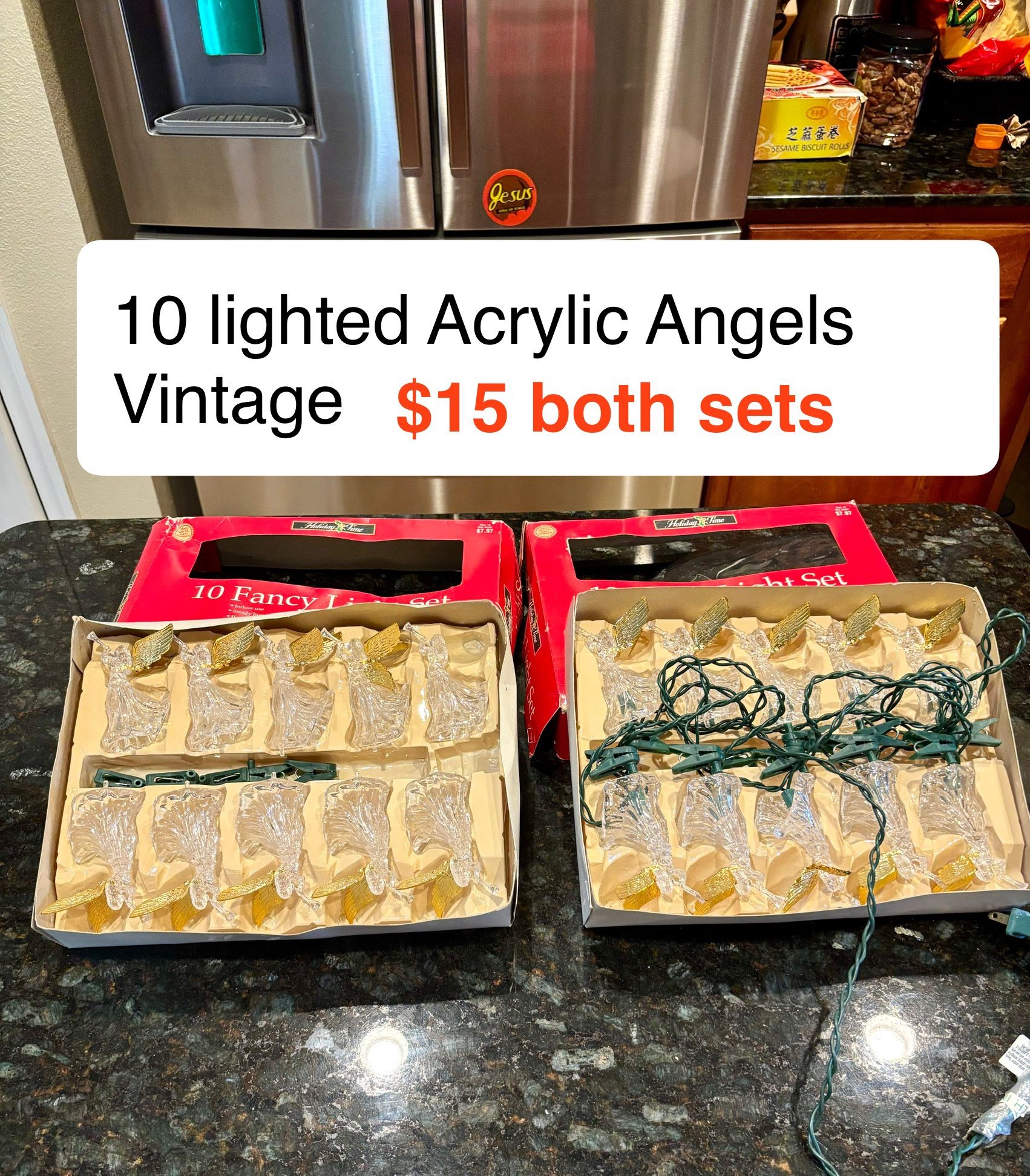 Vintage 10 Acrylic Angels lighted clip on Christmas tree decor