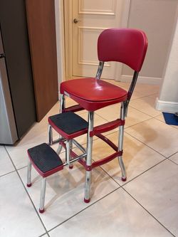 Red Retro Step Stool Chair with Pull-Out Steps