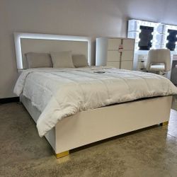 2 Pcs White Bedroom Set New Led Lights Bed