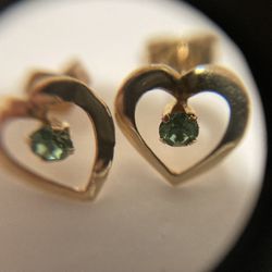 14k Yellow Gold Dainty Open Heart Green Crystal Post Earrings