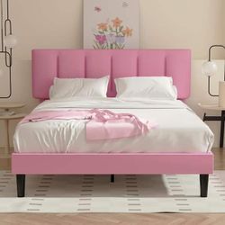 Upholstered Bedframe, Pink Metal Frame Full Platform Bed with Adjustable Headboard, Wood Slat, No Box Spring Needed