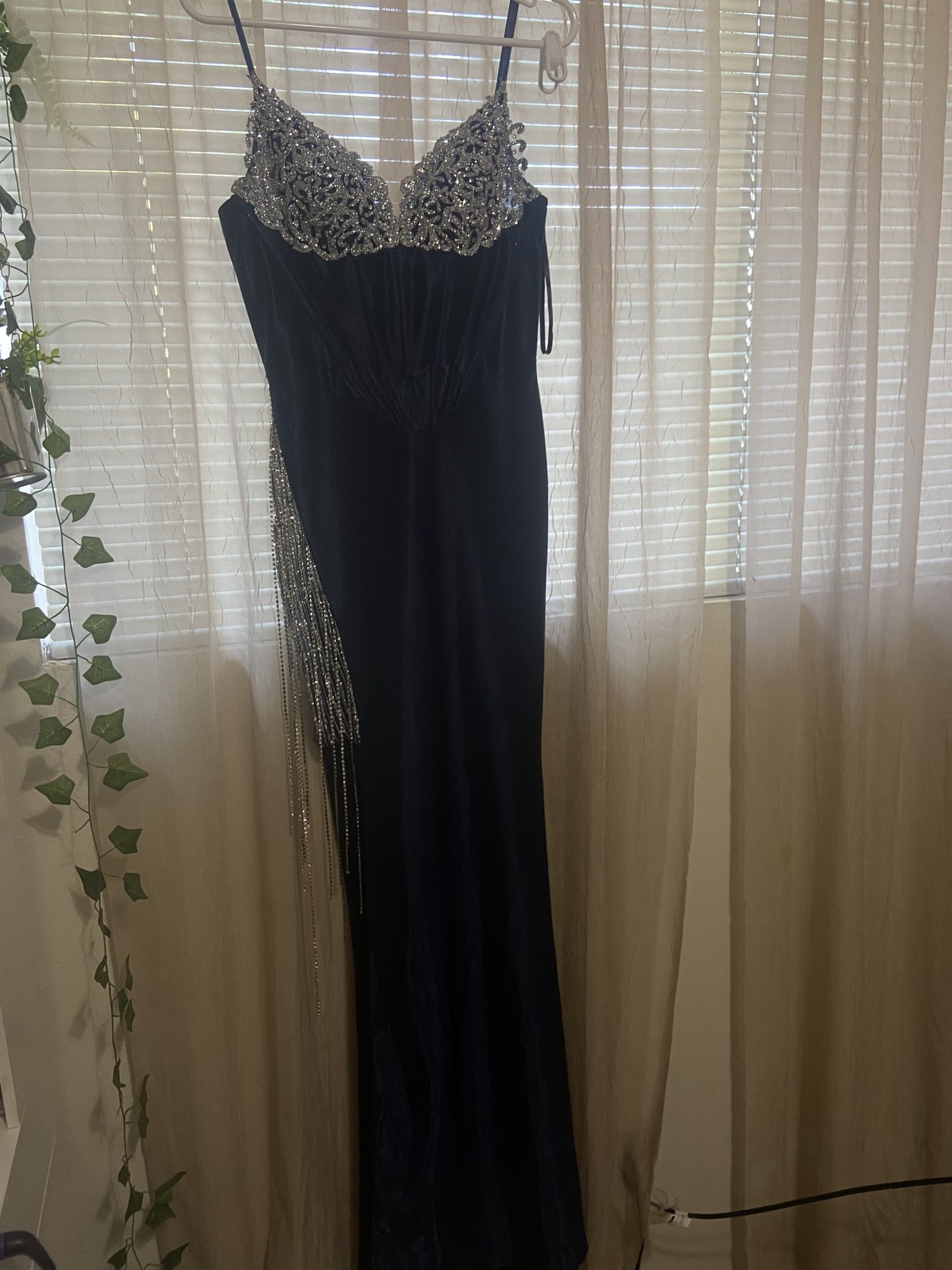 Prom dress, dark royal blue, diamonds on side, glittery top with diamonds 