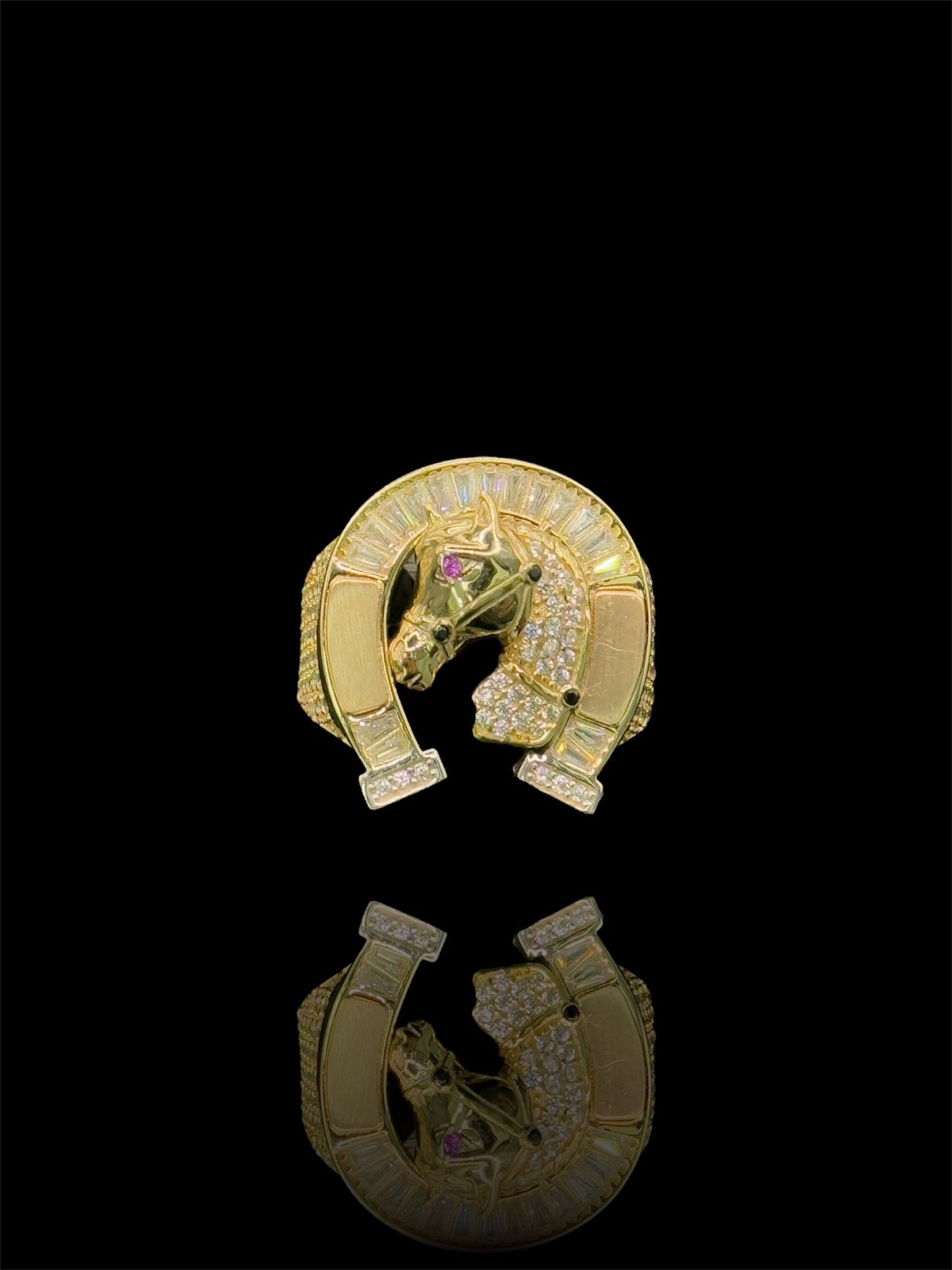 14K THREE-TONE GOLD HORSESHOE RING W ZIRCONIA STONES