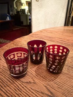 3 Ruby Cut To Clear Crystal Shot Glasses 2.25”
