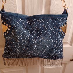 Denim And Rhinestone Shoulder/Hand And Crossbody Bag
