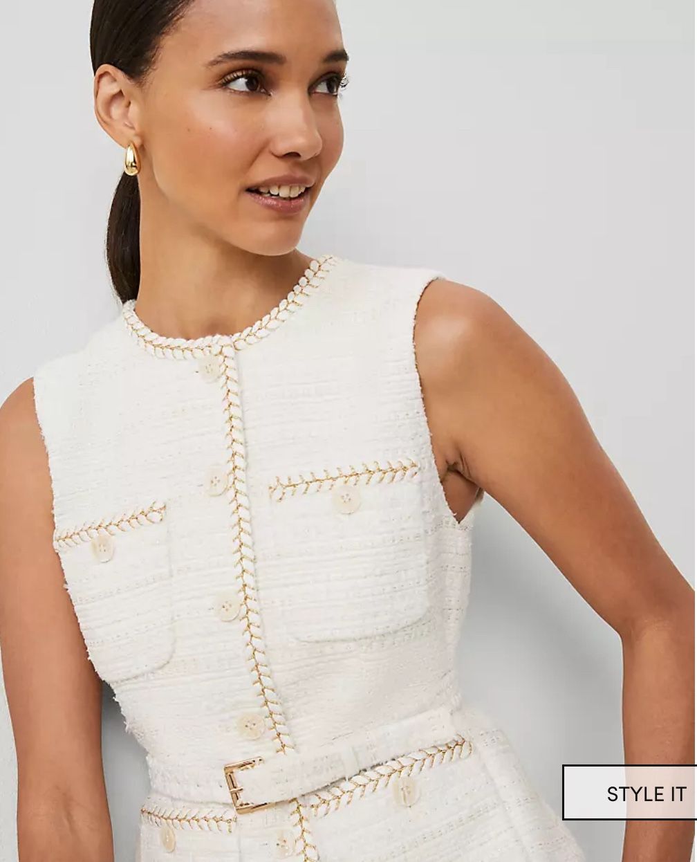 NEW - Ann Taylor White Tweed Belted Vest with gold Embroidery- Size 8
