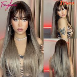 26 Inch Gradient Straight Hair Wigs With Bangs Synthetic Fiber Hair Replacement Wigs For Women Girls