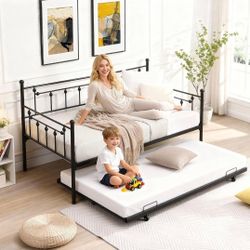 Twin Daybed with Trundle, Metal Frame Farmhouse Industrial Sleeper, Pull Out Trundle Bed with Storage, No Box Spring Needed, Heavy Duty Steel Slats, E