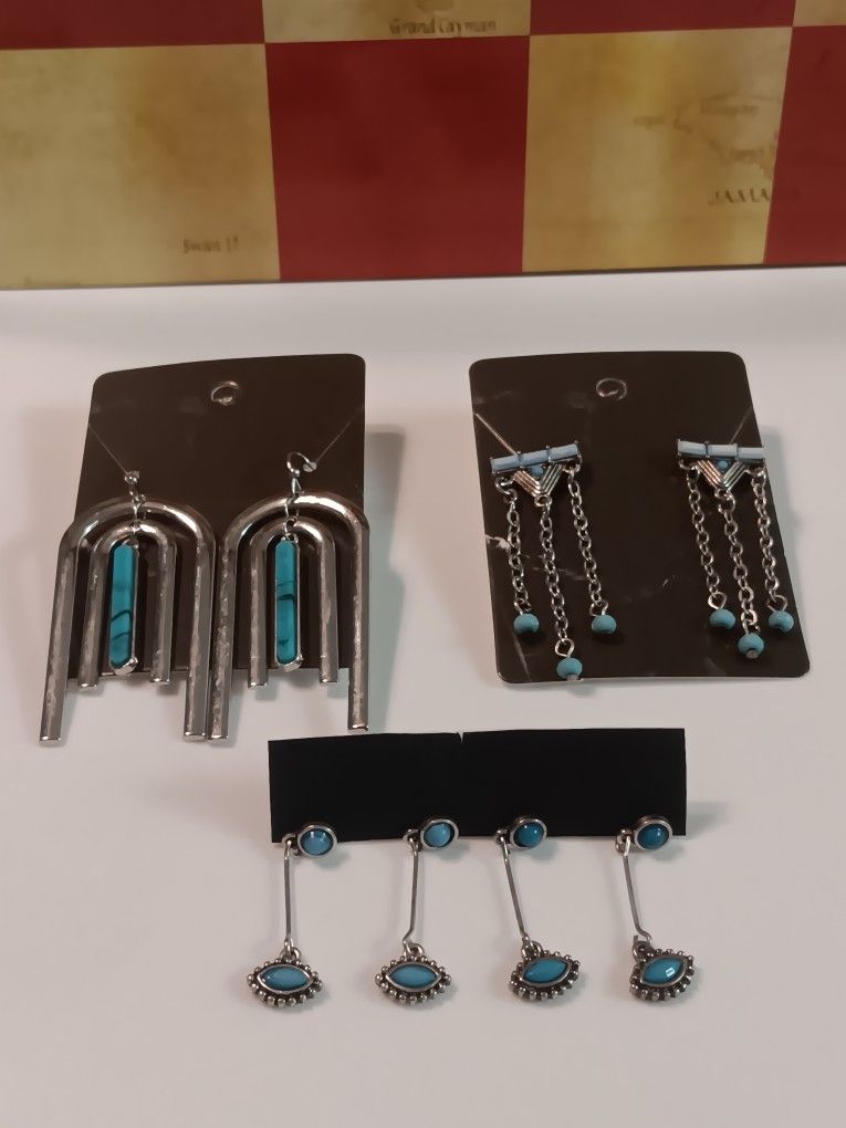 Set Of 4 Turquose Earrings Stud Dangle Hook Lightweight Bohemian BOHO
