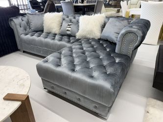 Royal Grey Sectional Tufted With Pillows 