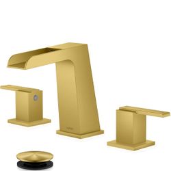 KENES Brushed Gold Waterfall Bathroom Sink Faucet 3 Hole, Gold Two Handle Widespread Bathroom Faucet, 8-Inch 3 Pieces Bathroom Vanity Faucet with Pop 