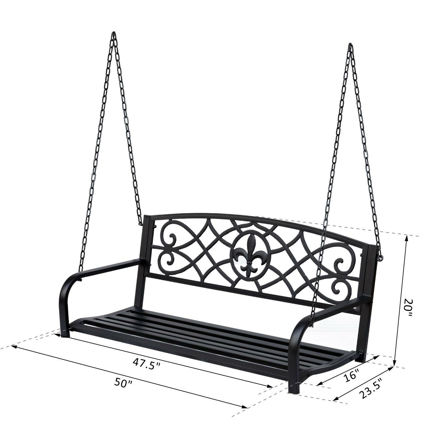 Porch Swing Fleur De Lis Outdoor Decor Patio Bench Deck Garden Metal Glider Black