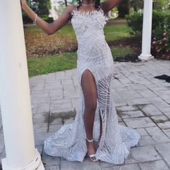 Silver prom dress.