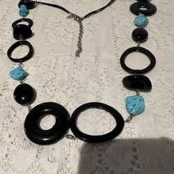 Chico’s Labeled Bold Statement, Necklace, With 1 Inch, For Turquoise, Like Stones With Black Geometrical charms