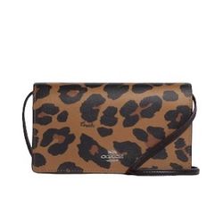 Coach Anna Foldover Clutch Crossbody With Leopard Print And Signature Canvas