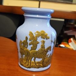 Antique Blue 1856 Prattware Jar With Mustard Tone Victorian Fox Hunting Scene 