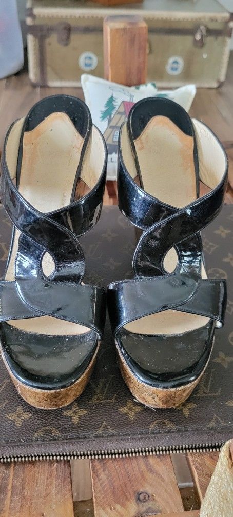 CHRISTIAN LOUBOUTIN SHOES WEDGE SANDALS 39 size 9 Black patent leather
cork