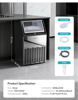 EUHOMY Under Counter Ice Maker, Drain Pump, 120lbs/24H,33lbs Bin Freestanding/ Built-in Stainless Steel Commercial Ice Machine; 24H Timer, Auto-cleani