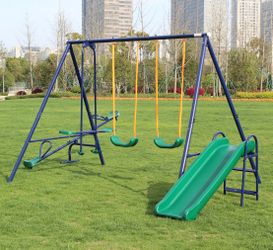 4 in 1 Swing Set With Seesaw, Belt Swing, Slide, Glider for Backyard
