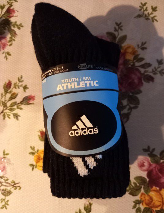Adidas Youth Athletic Crew Socks $6 Per 3 Pairs. Available In All Black Or White, Gray, Black.