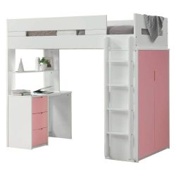 WHITE PINK FINISH TWIN SIZE LOFT BED WARDROBE CLOSET DESK STORAGE DRAWERS / CAMA ESCRITORIO LITERA