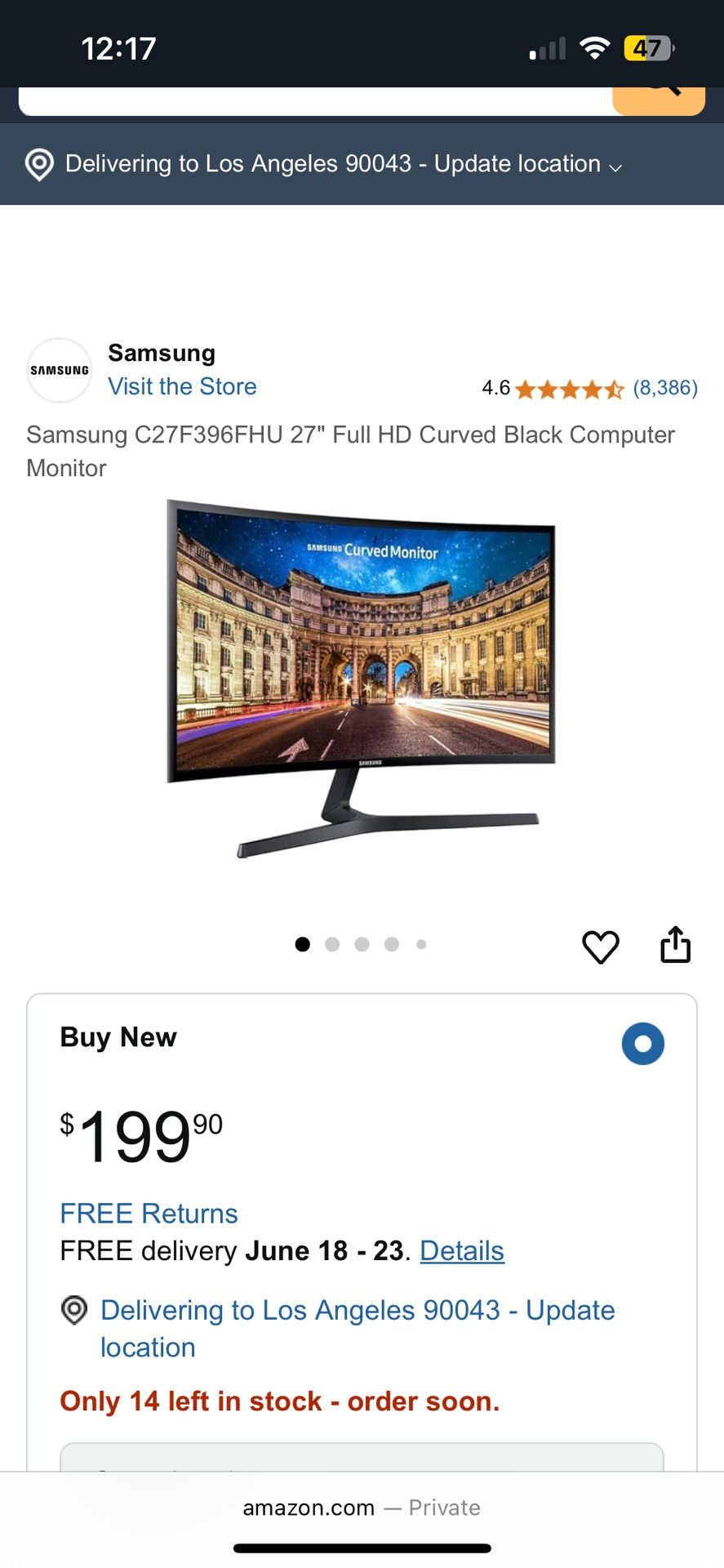 Samsung 27" Full HD Curved Black Computer Monitor