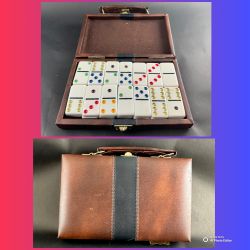 Vintage Color Dot Dominoes Set Of 28 In Latched Faux Leather Case With Handle