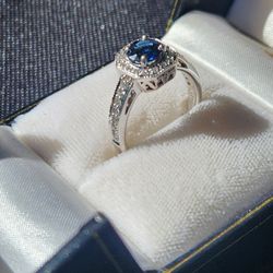  "14K White Gold Sapphire & Diamond Halo Ring - 1.7ct (Verified)"