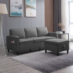 Lshape gray Couch with Storage Ottoman, 3-Seat Sectional Sofa with Movable Ottoman and Handy Side Pocket