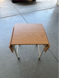 Folding Portable Camping Table Wood Top, White Metal Frame, Indoor/Outdoor