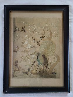 Vintage Chinese Hand-Embroidered Silk Textile Panel — Peacock & Birds in Garden