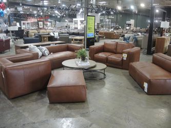 Cognac Brown Leather 4-Piece Living Room Set (Sofa, Swivel Chair, Ottoman, Armless Loveseat)