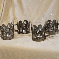  Vintage MID CENTURY CAROLE STUPELL TOT GLASS MUGS SILVER GRAPEVINE