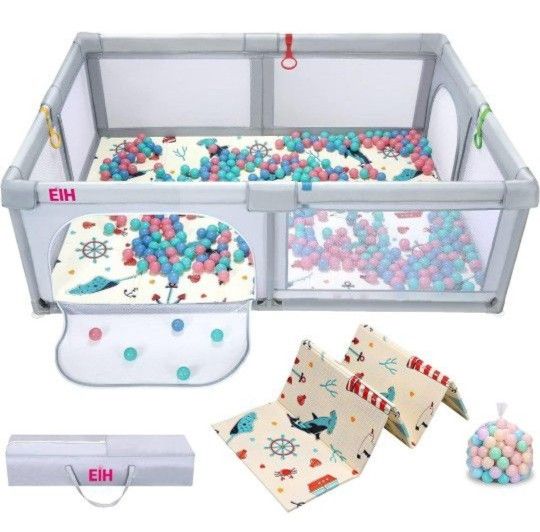 EIH 79 Inch x 59 Inch Large Baby Playpen with 79 Inch x 59 Inch Mat & 50PCS Balls, Play Yard for Babies and Toddlers Indoor and Outdoor Kids Activity