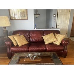 Cranberry Leather Couch, Chair & Ottoman 