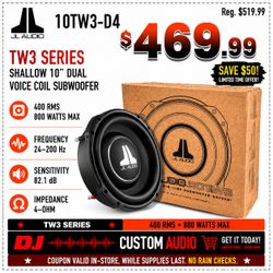 JL Audio 10TW3 TW3 Series Shallow Slim Subwoofer 10" Dual Voice Coil Subwoofer 800 Watts 4-Ohm 🚨 Payment Options Available 🚨 No Credit Needed 🚨